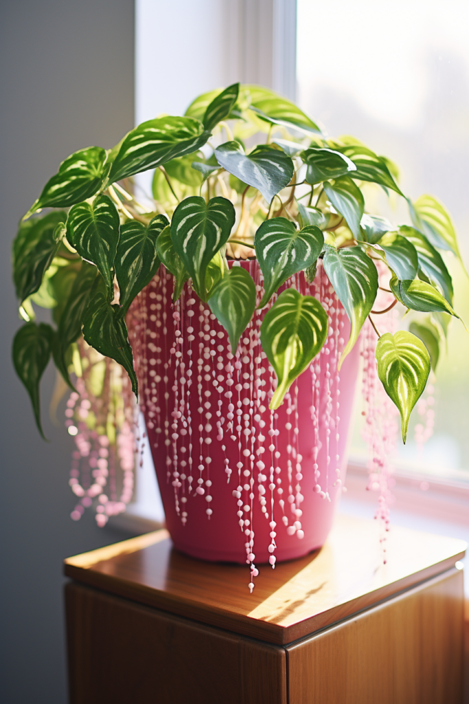 A pink potted plant hangs from the ceiling near a window.