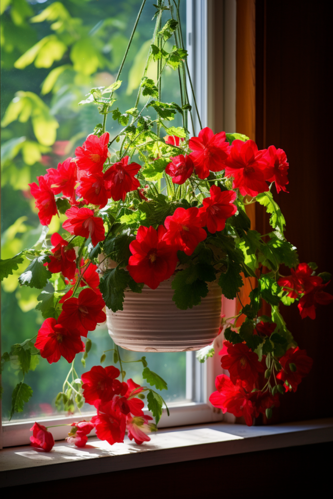Hanging red geraniums from a window sill.