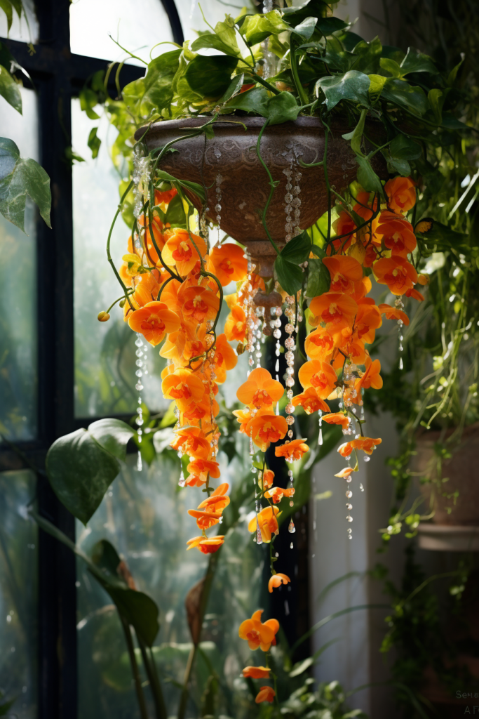 Choosing a ceiling hanging plant, an orange flower adds a touch of elegance to any room when hung from a chandelier.