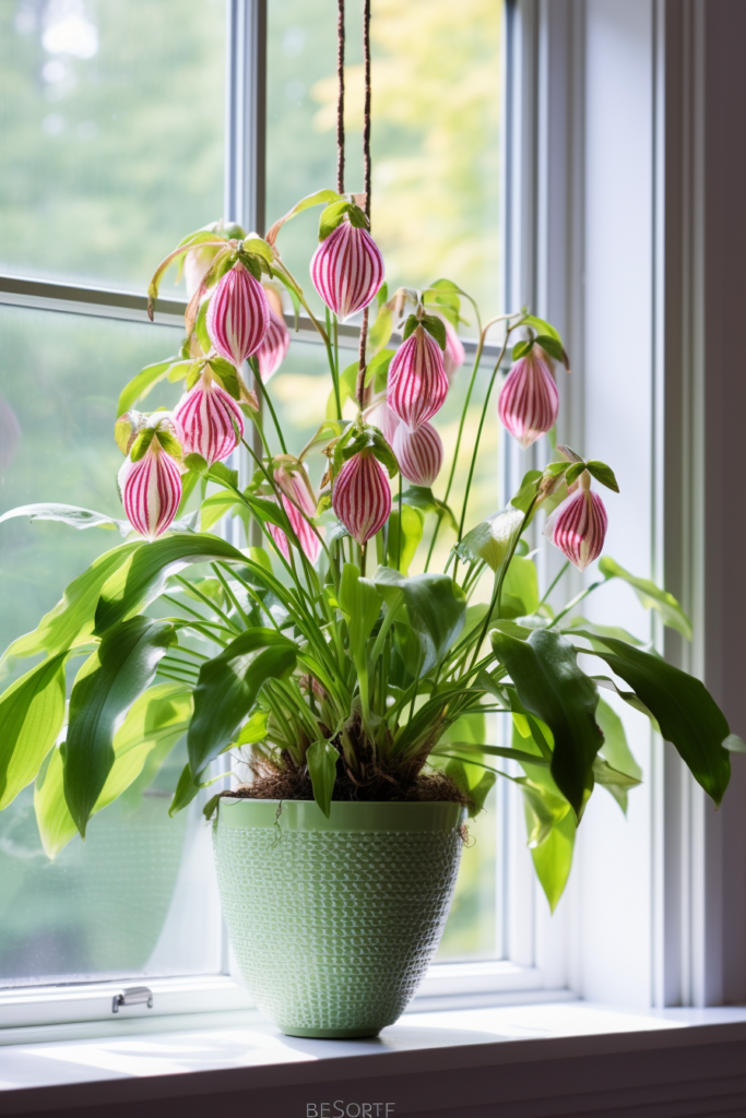 A plant with pink flowers in a green pot on a window sill, perfect for choosing indoor plants.