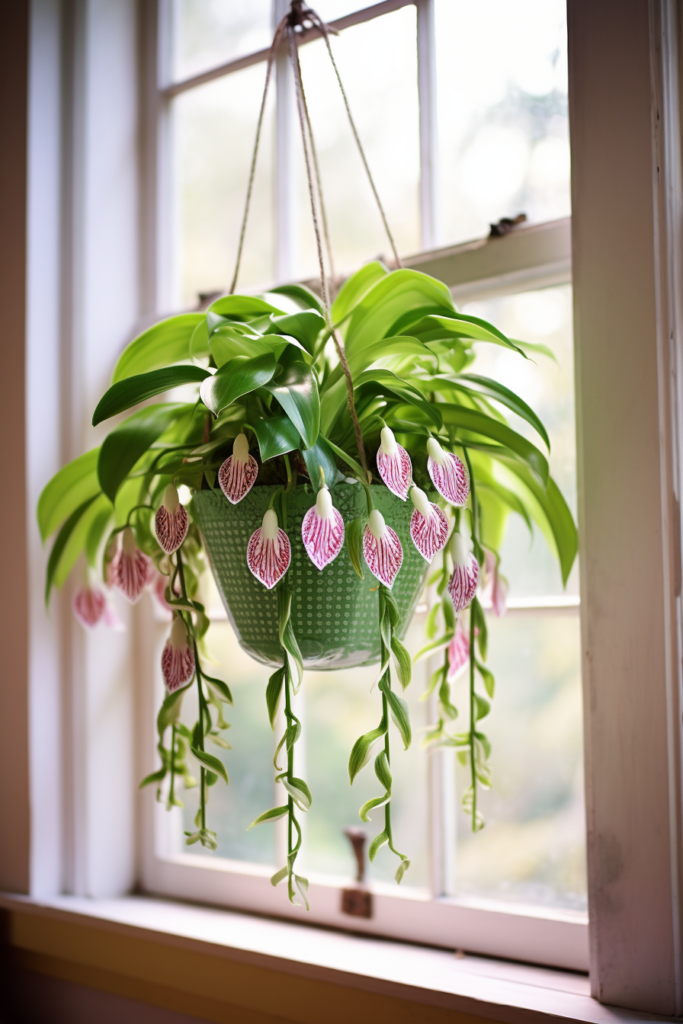 Choosing the right plants for ceiling hanging, orchids grace a window sill.