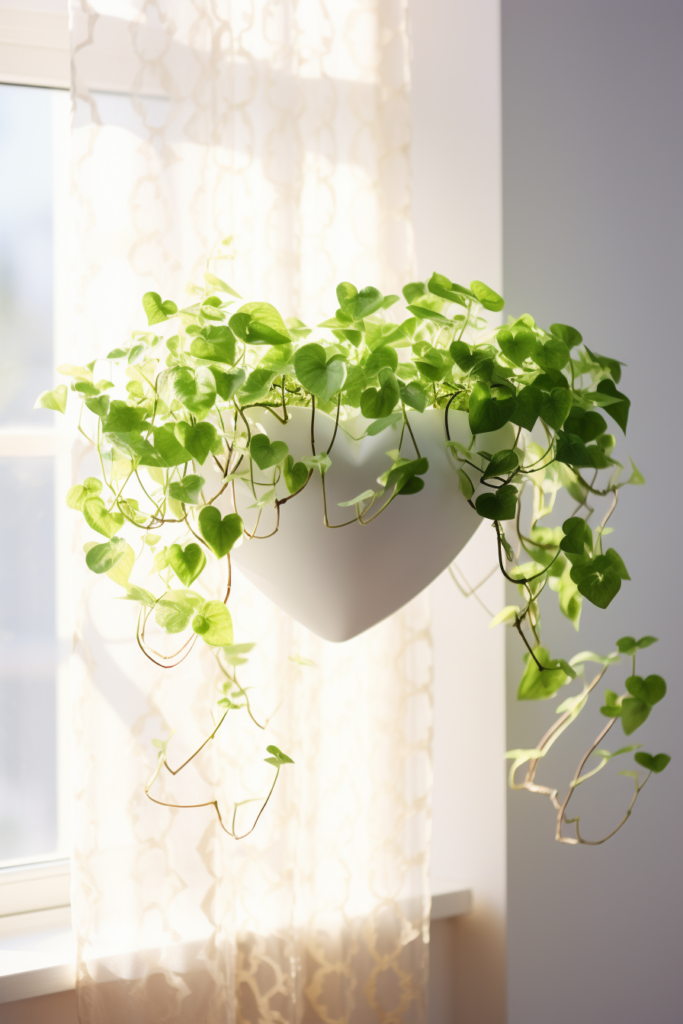 A white planter with green leaves ceiling hanging in front of a window.