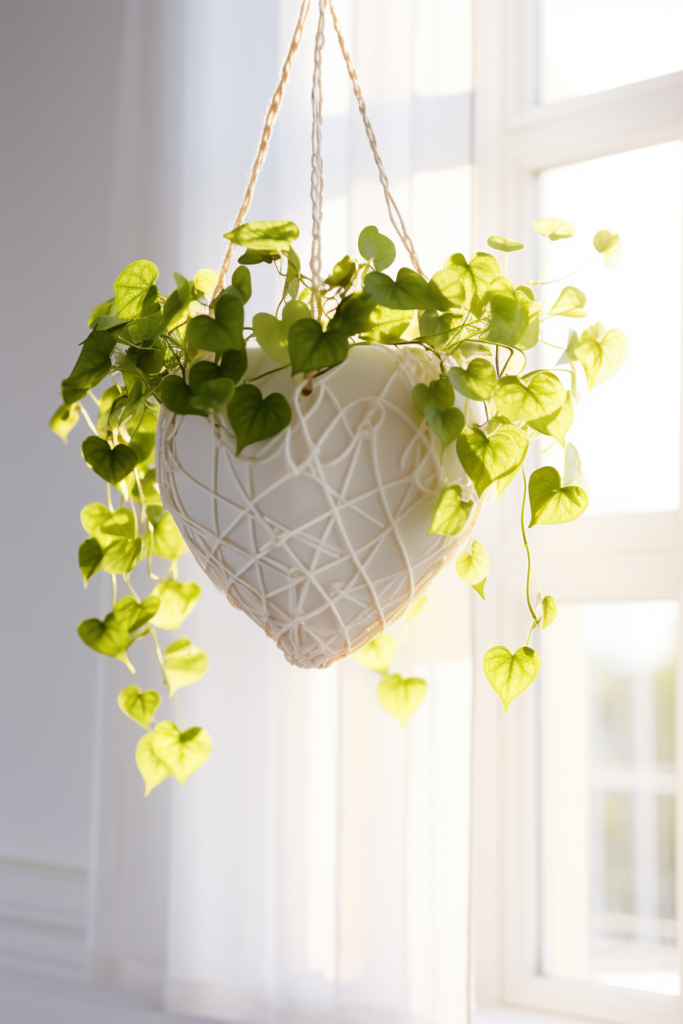 A heart-shaped planter hanging from a window, perfect for choosing and displaying plants.