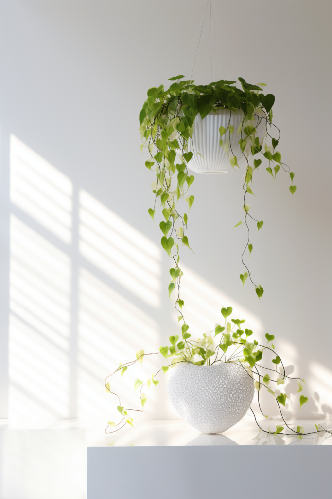 Ceiling-hanging ivy plant chosen for display on a white table.