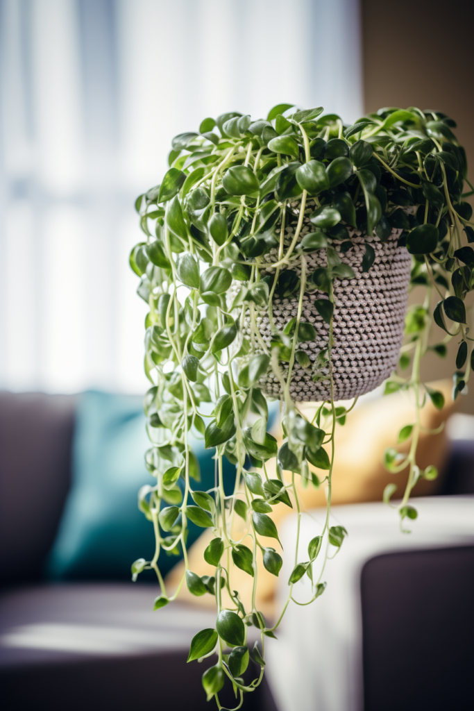 A ceiling hanging plant in a living room.