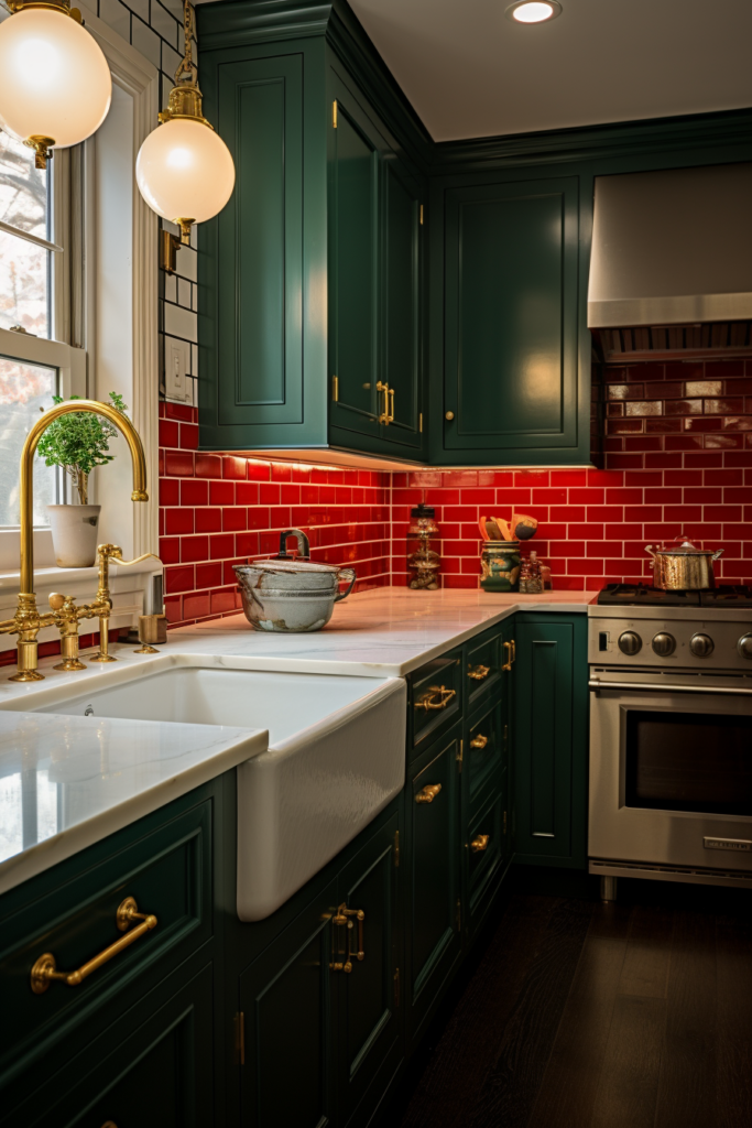 A kitchen with green color cabinets.