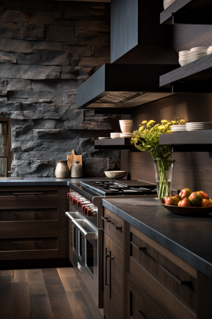 A stone wall in the kitchen with black stainless steel appliances.