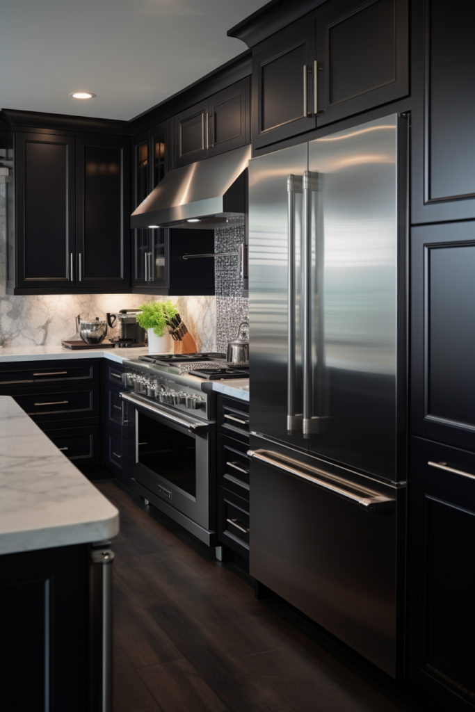 A kitchen with black cabinets and stainless steel appliances. The cabinets add a touch of color to the room, while the stainless steel appliances bring a modern and sleek look.