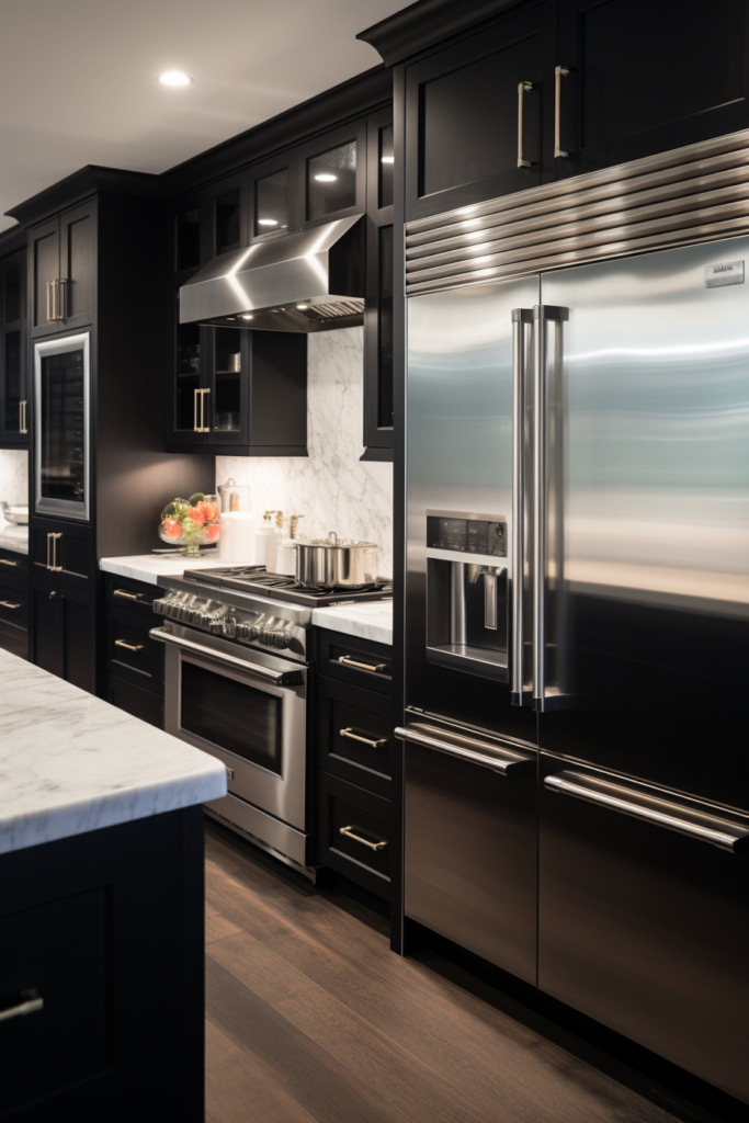 A kitchen with color cabinets and black stainless steel appliances.