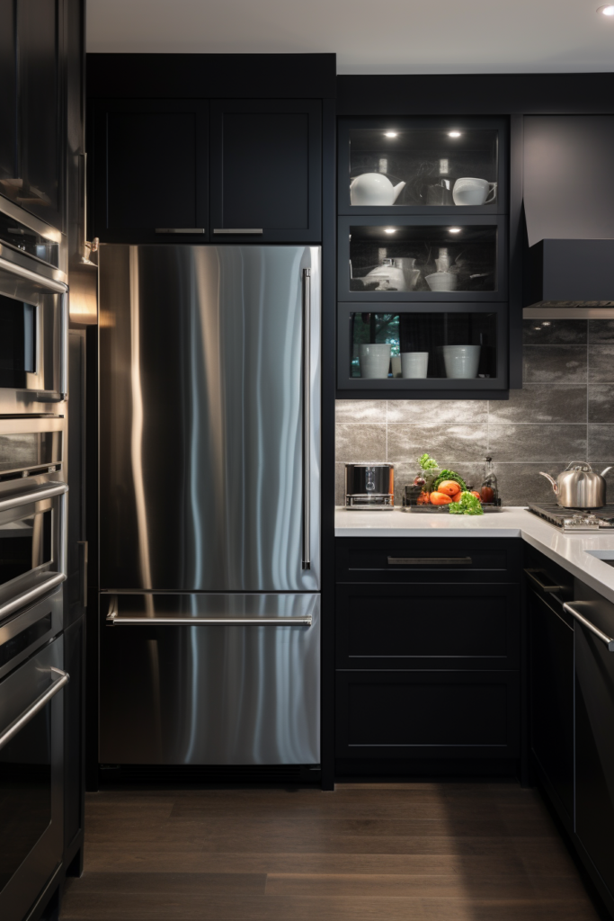 A kitchen with stainless steel appliances in black.