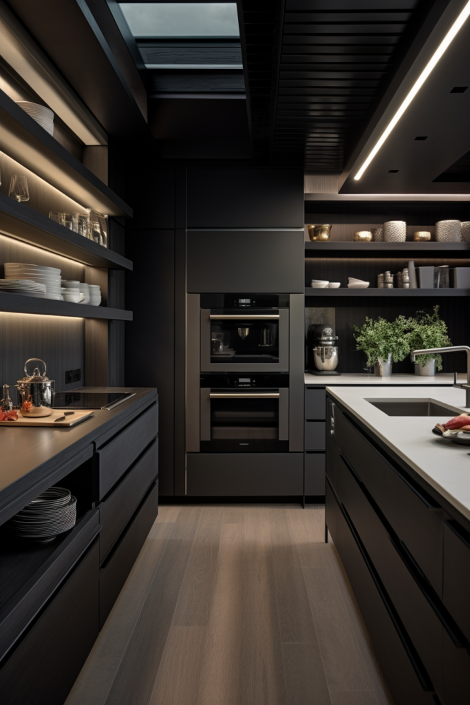 A modern kitchen with black cabinets and a skylight. The cabinets are painted in a sleek black color, creating a contemporary vibe. The kitchen also features a skylight, bringing in natural light