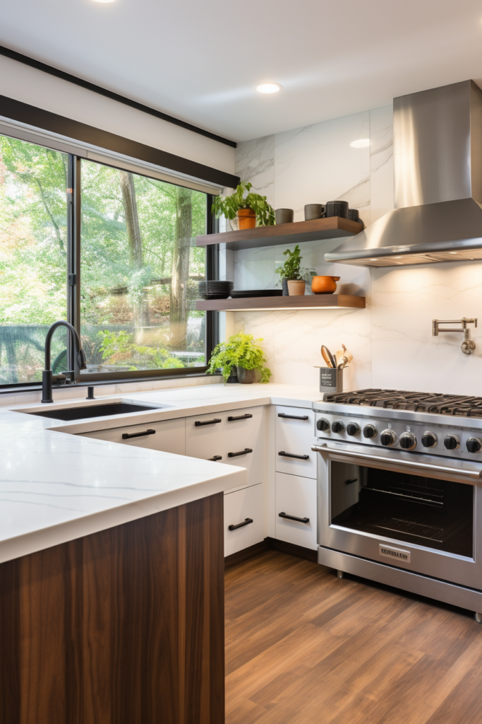 A modern kitchen with sleek stainless steel appliances and black stainless steel appliances.
