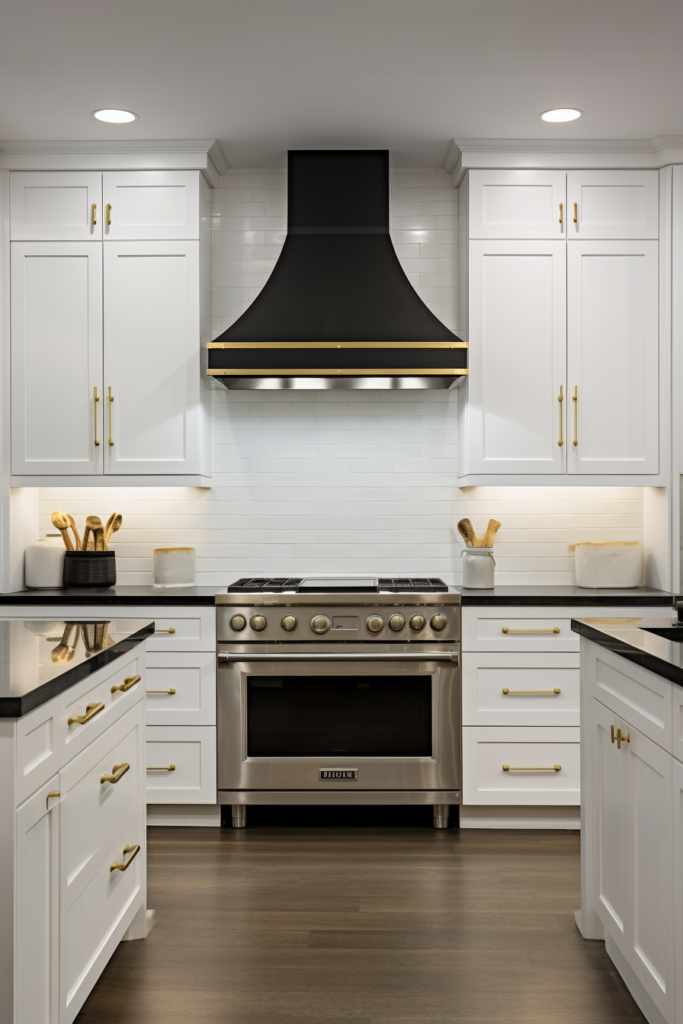A white kitchen with black stainless steel appliances and cabinets.