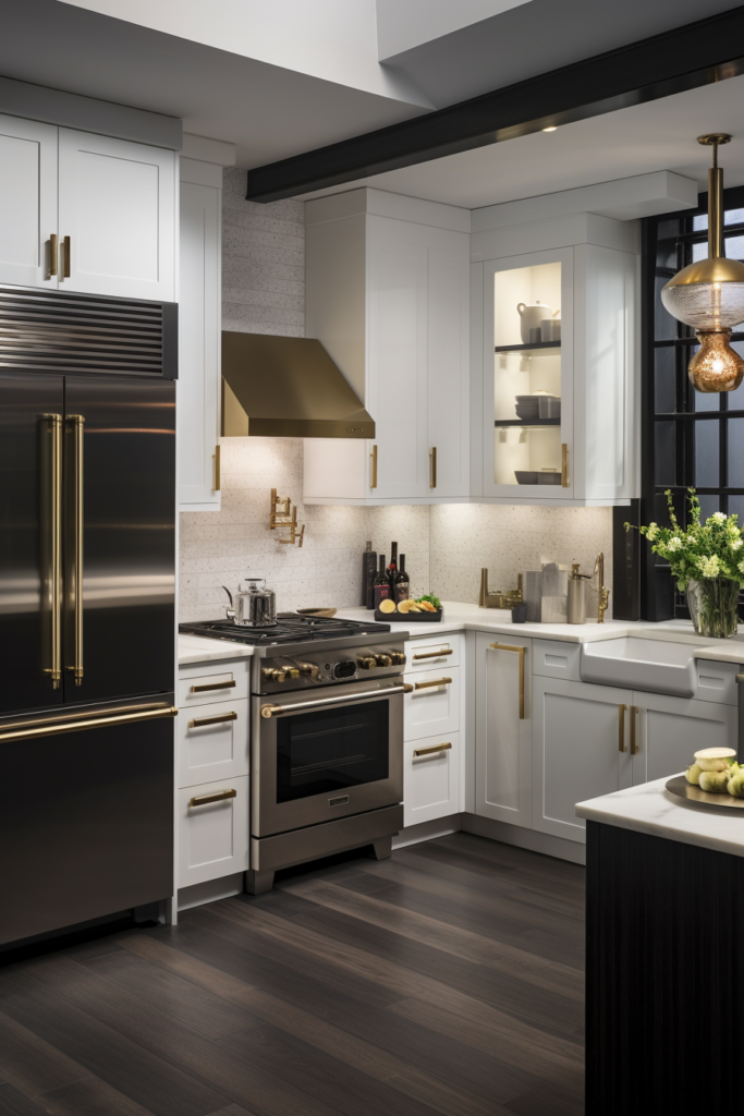 A white and gold kitchen with stainless steel appliances featuring color cabinets.