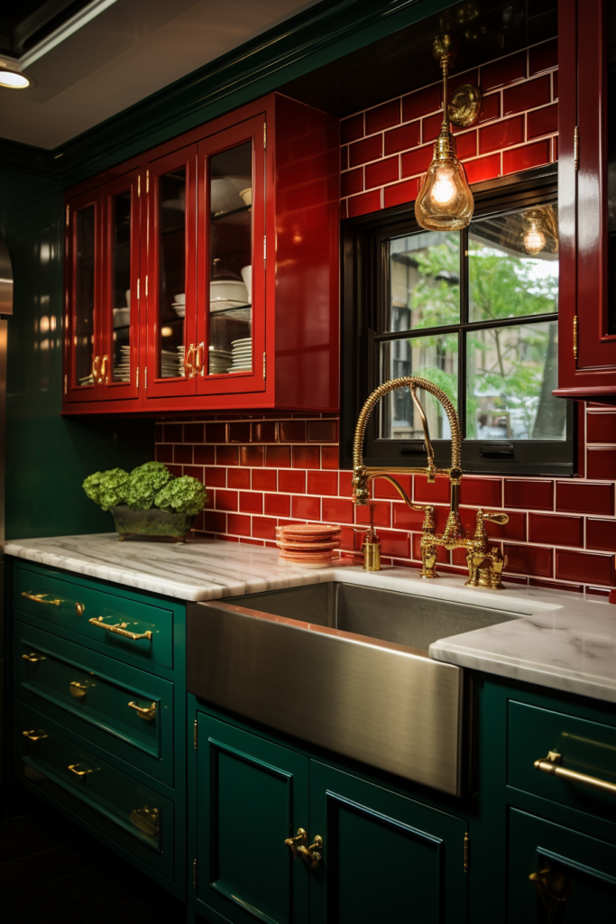 A kitchen with black stainless steel appliances and color cabinets in red and green, featuring a gold sink.