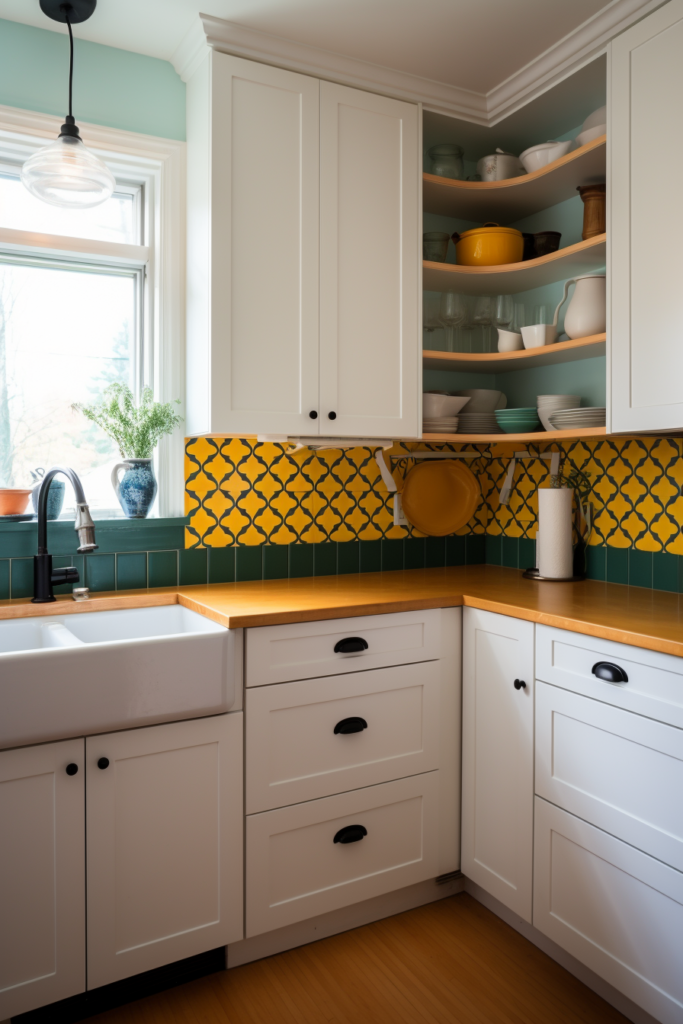 A white kitchen with yellow and green tiles and cabinets.