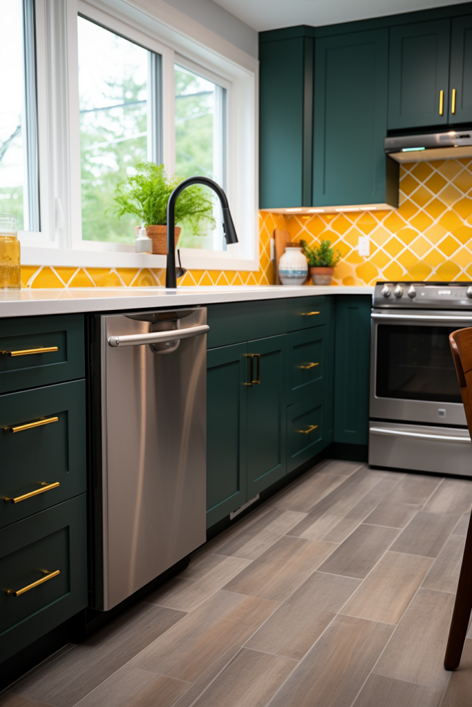 A kitchen with green color cabinets and yellow tile.