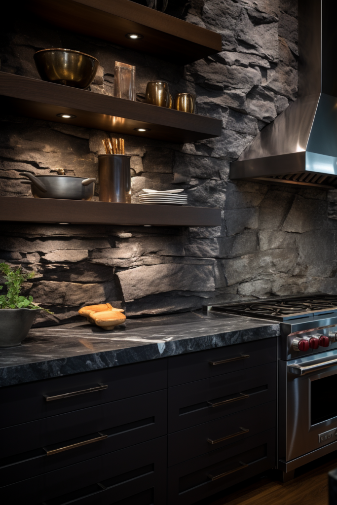 A kitchen with a stone wall and black stainless steel appliances.