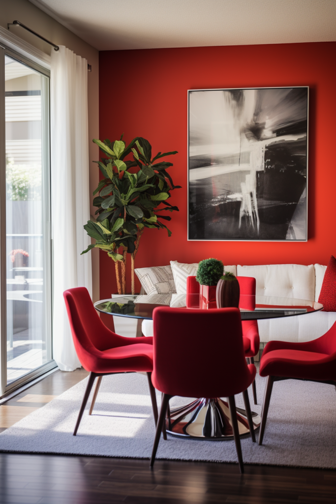 A dining room with red walls and chairs showcasing impeccable color coordination.
