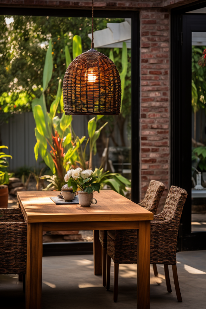 A wooden table with wicker chairs, providing visual continuity throughout the décor.