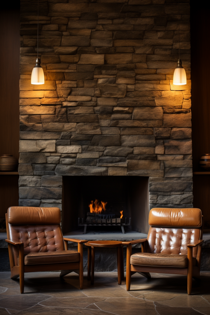 Two leather chairs in front of a stone fireplace, creating a cozy and rustic décor.
