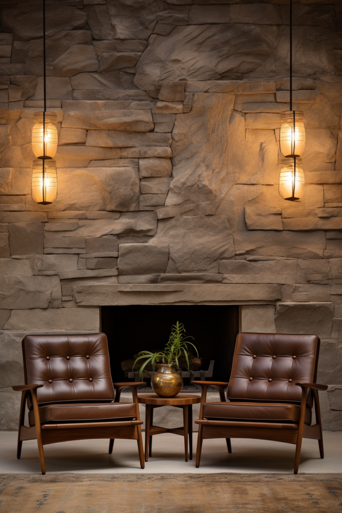 Two leather chairs in front of a stone wall, creating visual continuity.