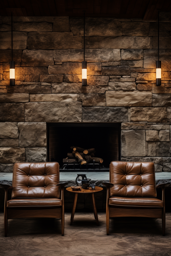Two leather chairs in front of a stone fireplace create visual continuity.