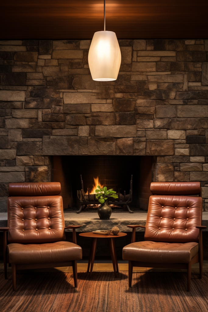 Two leather chairs in front of a stone fireplace, showcasing décor coordination and visual continuity.
