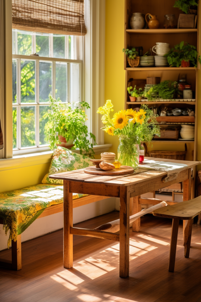A wooden table in a room with yellow walls.