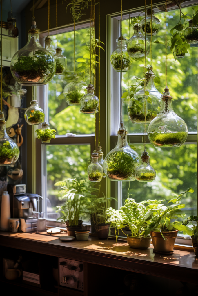 A beautifully decorated window with colorful plants hanging from it, showcasing perfect coordination between nature and décor.