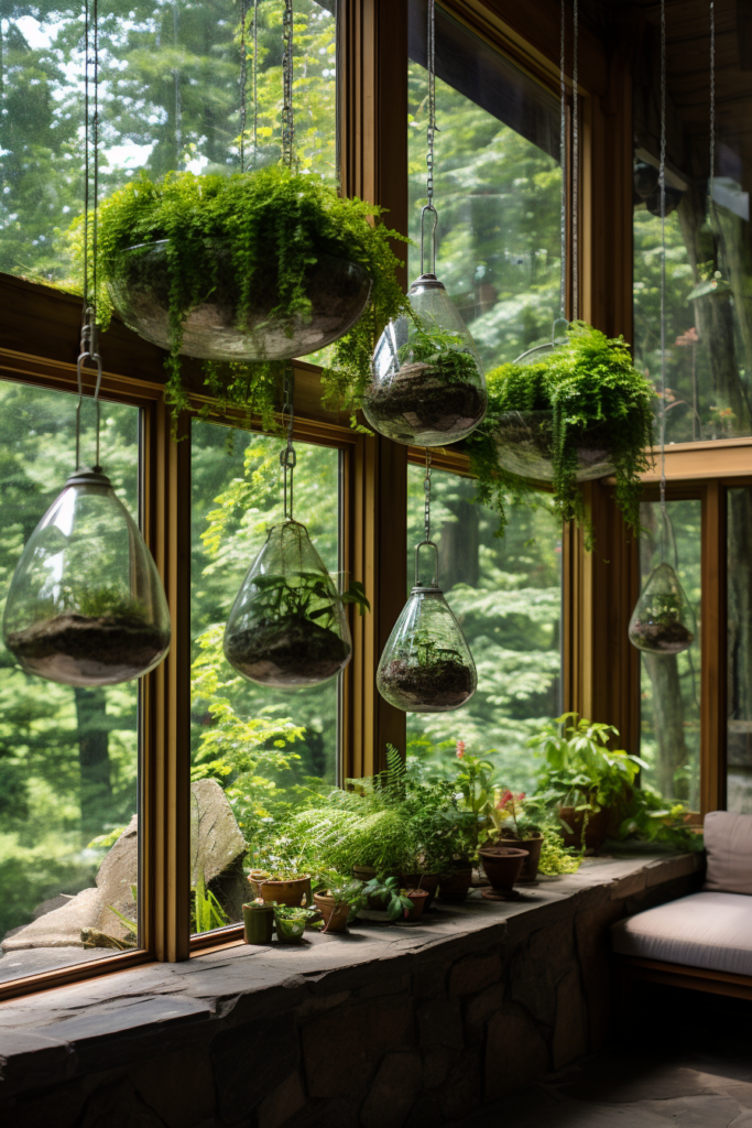 A living room with plants hanging from the windows, adding décor coordination and visual continuity.