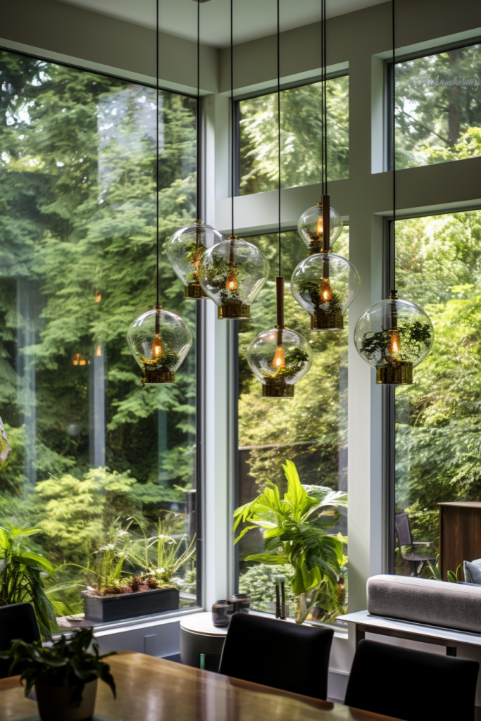A dining room with plants hanging from the ceiling creating visual continuity and décor coordination.