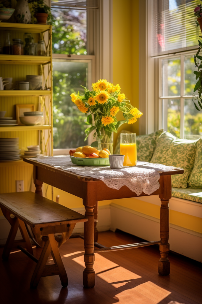 A vibrant yellow kitchen with a window seat and flowers, showcasing décor coordination and visual continuity.