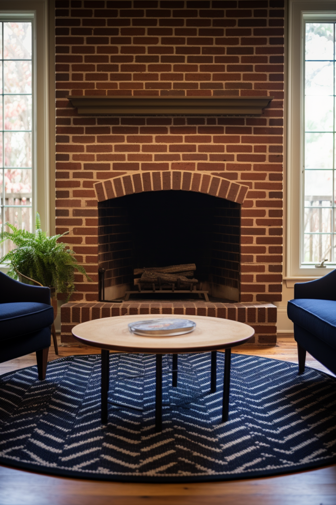 A visually coordinated brick fireplace in a living room.