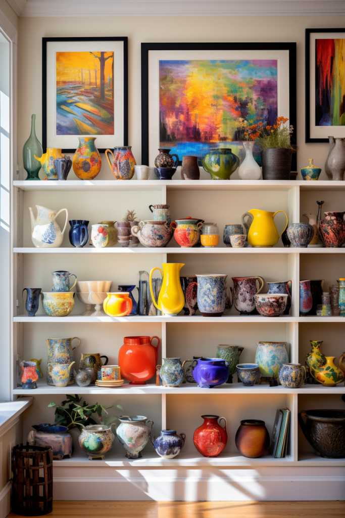 A shelf displaying vases with coordinated décor and visual continuity.