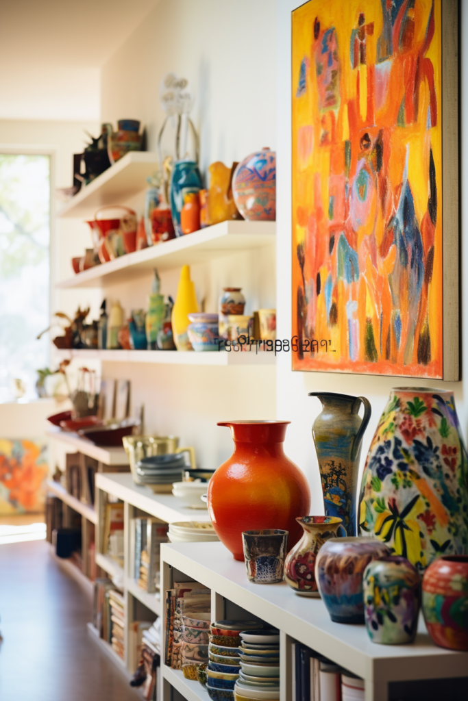 Colorful vases on shelves in a room are the perfect décor statement, showcasing vibrant hues and impeccable coordination.