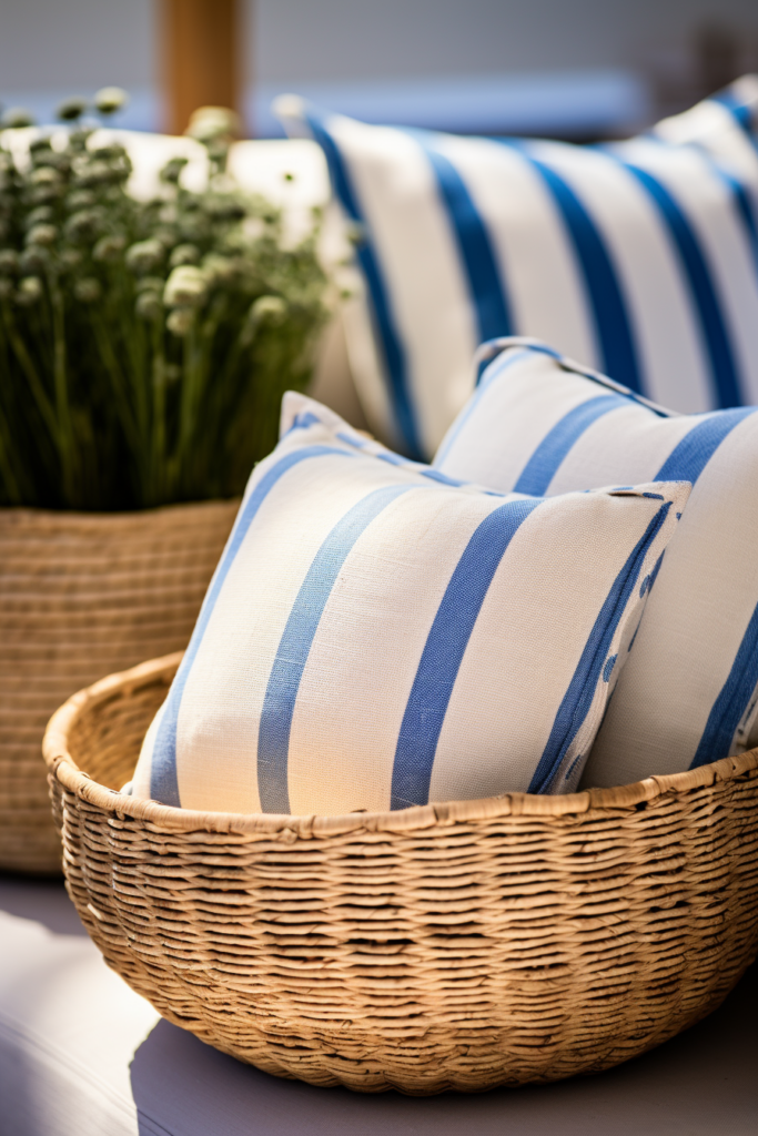 Blue and white striped pillows add decor coordination to any space. The color combination creates visual continuity in a basket showcasing these stylish cushions.