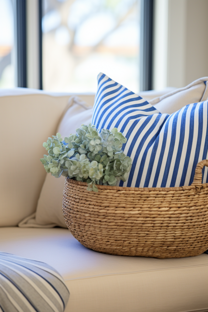         Description: A wicker basket on a couch, providing visual continuity and décor coordination.