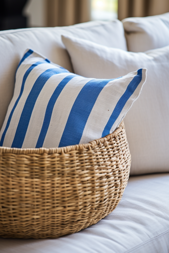 A blue and white striped pillow in a wicker basket, providing visual continuity and décor coordination.
