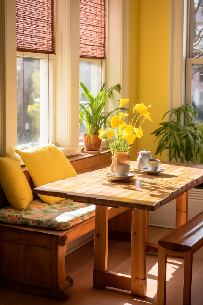 A wooden table in a room with yellow walls, demonstrating visual continuity and décor coordination.