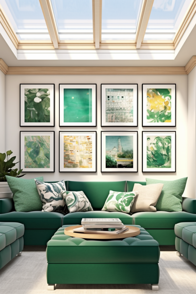 A living room with green couches and framed pictures showcasing visual continuity and décor coordination in color.