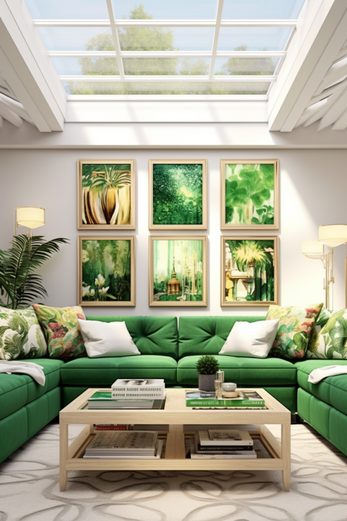 A living room with visually coordinated green couches and framed pictures.