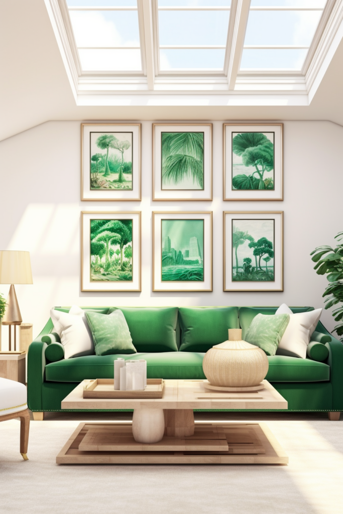 This living room features a green couch, adding a pop of vibrant color and décor coordination to the space. The cozy seating is complemented by a coffee table, ensuring visual continuity throughout the room