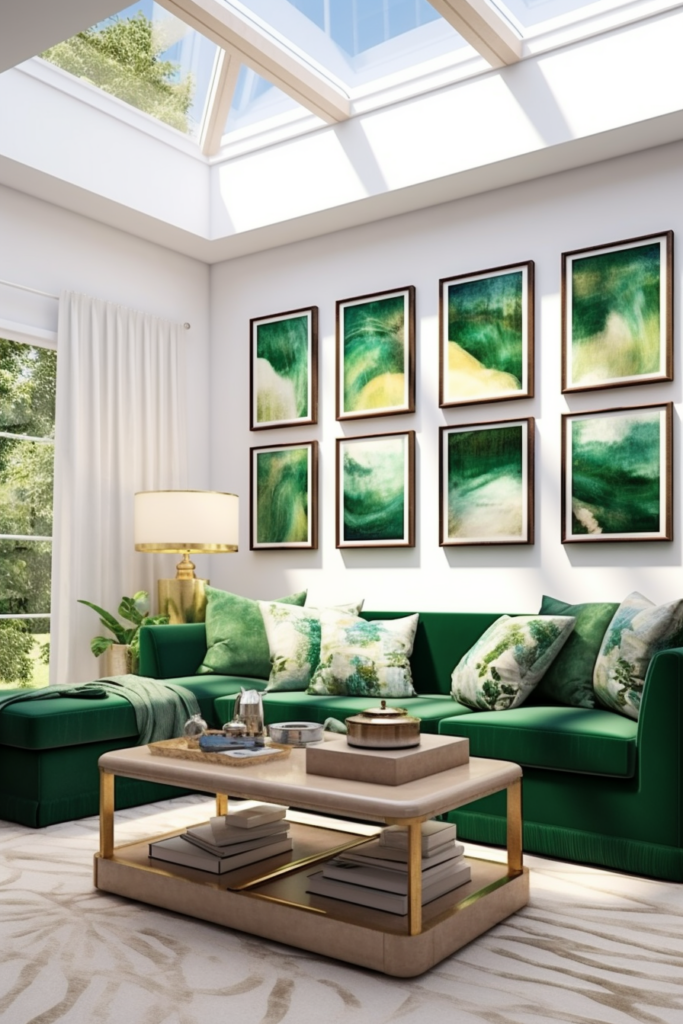 A green living room with visual continuity and a skylight.