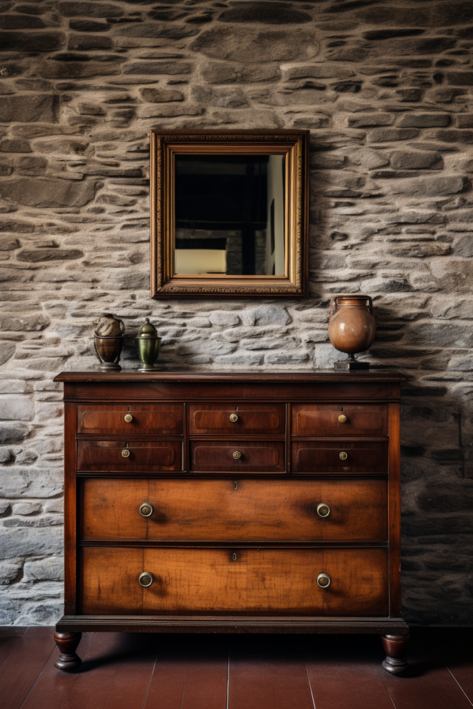 A wooden dresser in front of a stone wall, exuding visual continuity and décor coordination.
