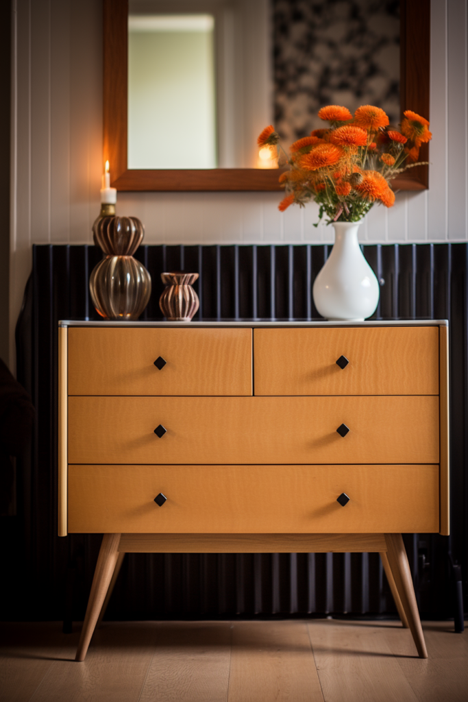 A dresser with a vase of oranges and a mirror, showcasing décor coordination.