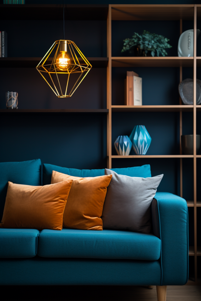 A living room with visual continuity and décor coordination featuring a blue sofa and bookshelves.