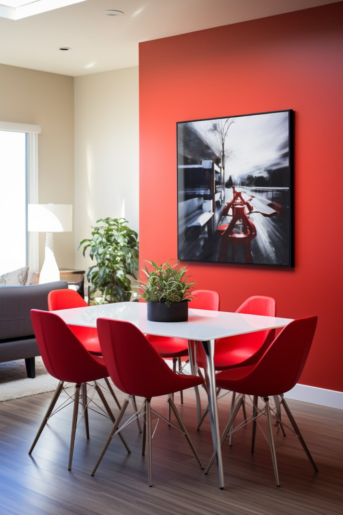 The living room is adorned with vibrant red walls that create a striking visual continuity and enhance the overall décor coordination.