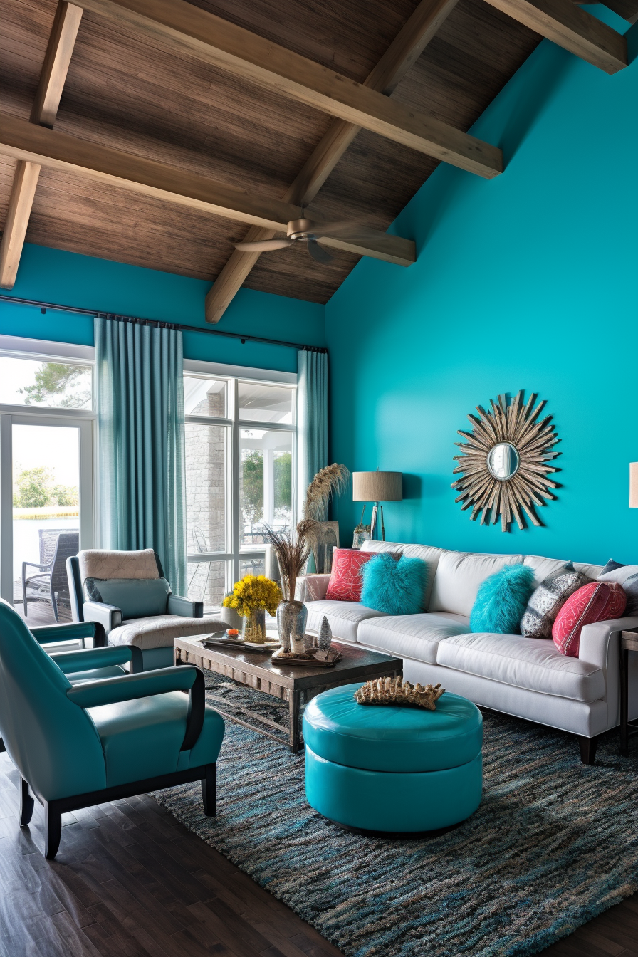 A living room with vibrant turquoise walls that create illusions of space and enhance the color.