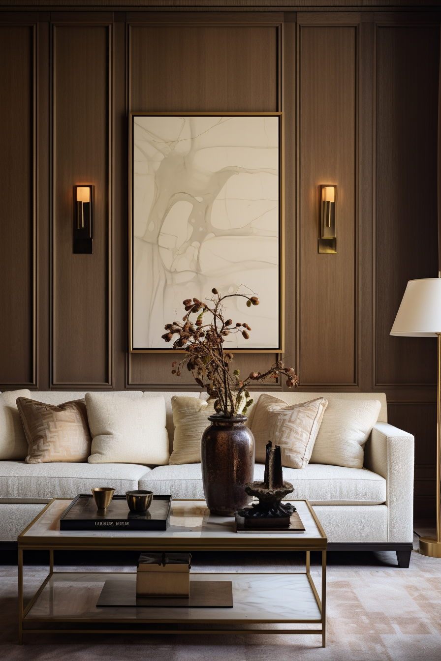 Utilizing lighting techniques, this living room creates illusions with its brown walls and gold accents.